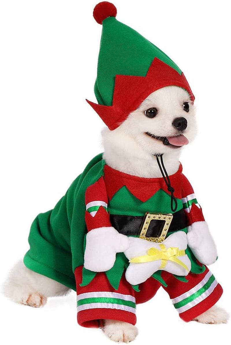 Christmas Elf Costume for Dogs and Cats with Hat - Festive Winter Fleece Apparel (Size M)