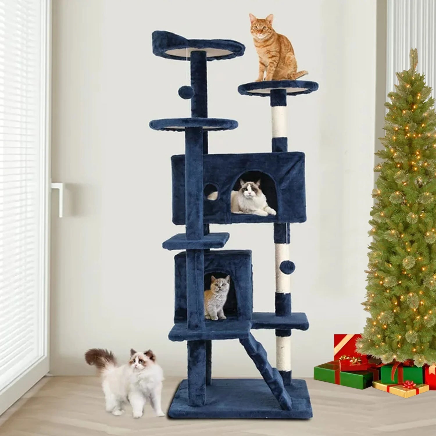 54-Inch Double Condo Cat Tree Tower with Scratching Post and Perch for Indoor Use, Navy Blue