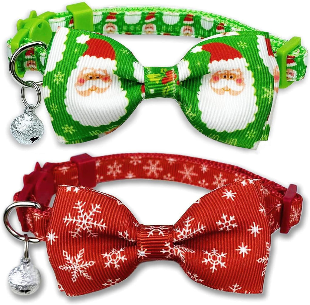 Christmas Holiday Cat Collar Set with Bow Tie and Bell, Winter Breakaway Design for Kittens - 2 Pack