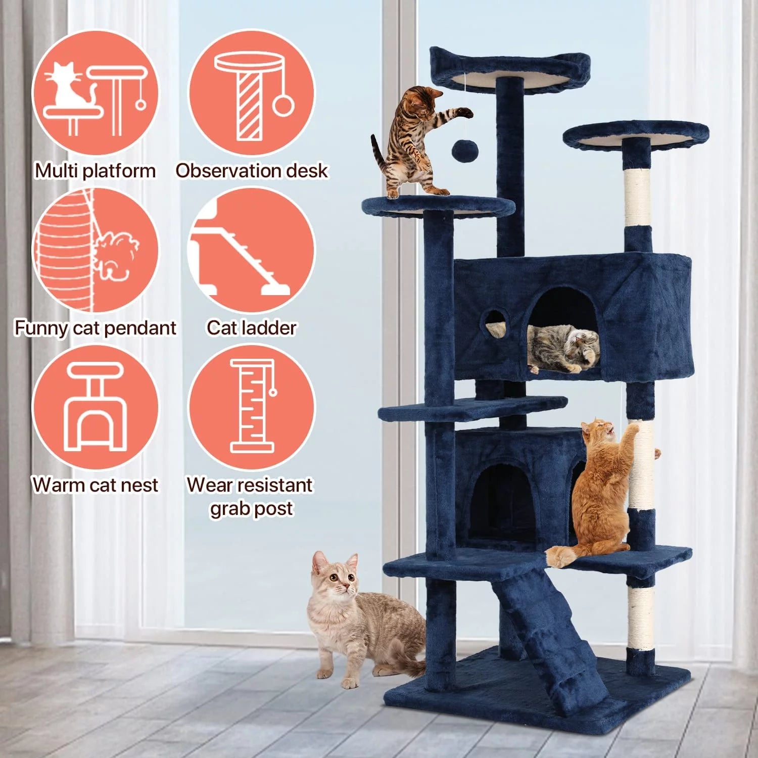 54-Inch Double Condo Cat Tree Tower with Scratching Post and Perch for Indoor Use, Navy Blue