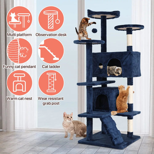 54-Inch Double Condo Cat Tree Tower with Scratching Post and Perch for Indoor Use, Navy Blue