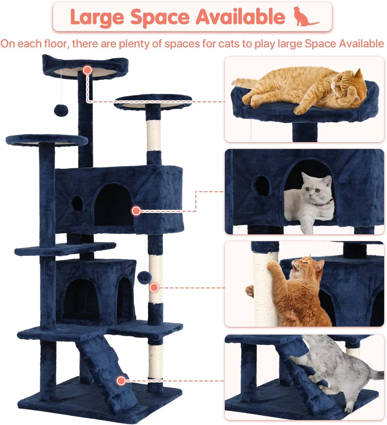 54-Inch Double Condo Cat Tree Tower with Scratching Post and Perch for Indoor Use, Navy Blue