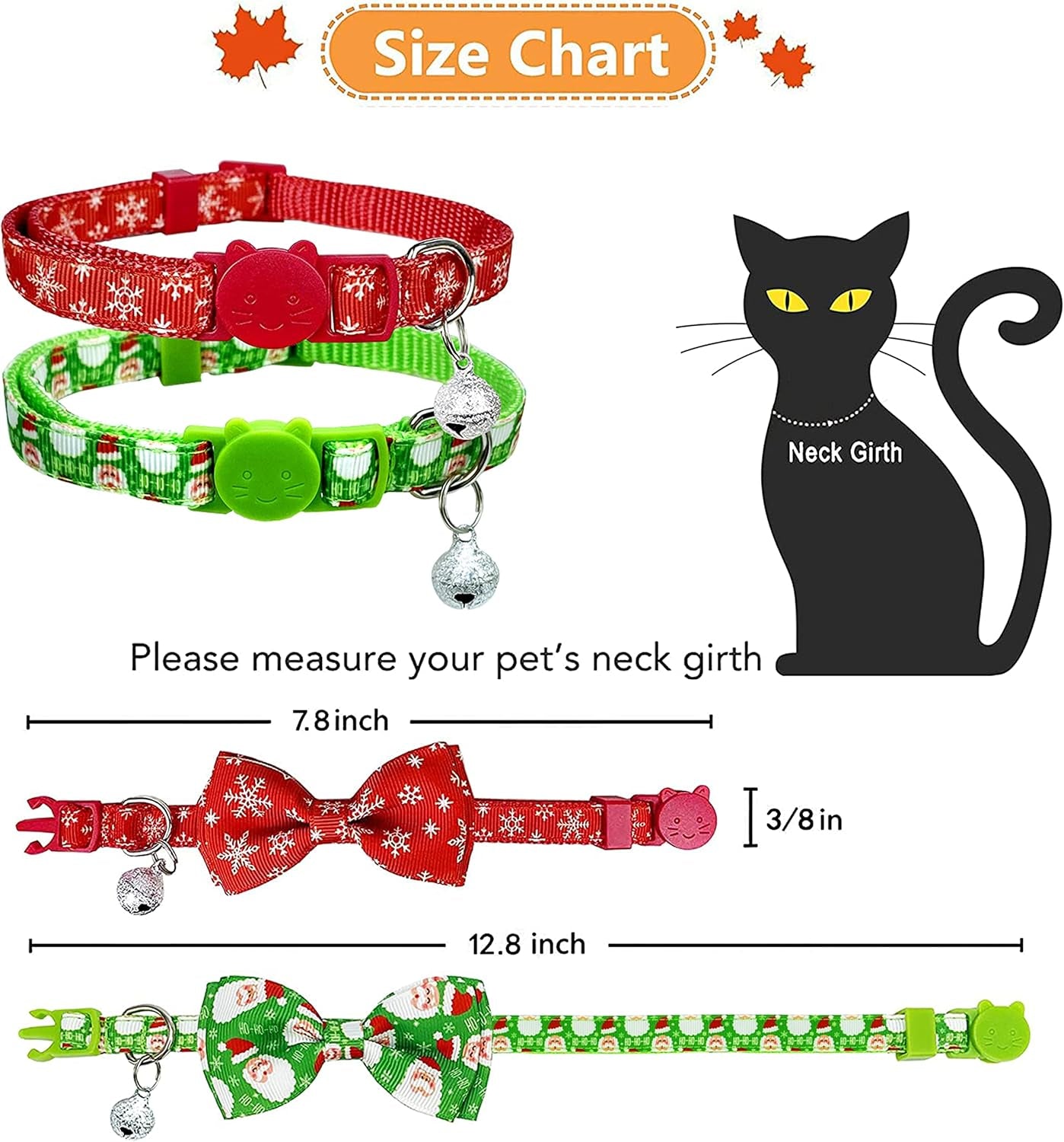 Christmas Holiday Cat Collar Set with Bow Tie and Bell, Winter Breakaway Design for Kittens - 2 Pack