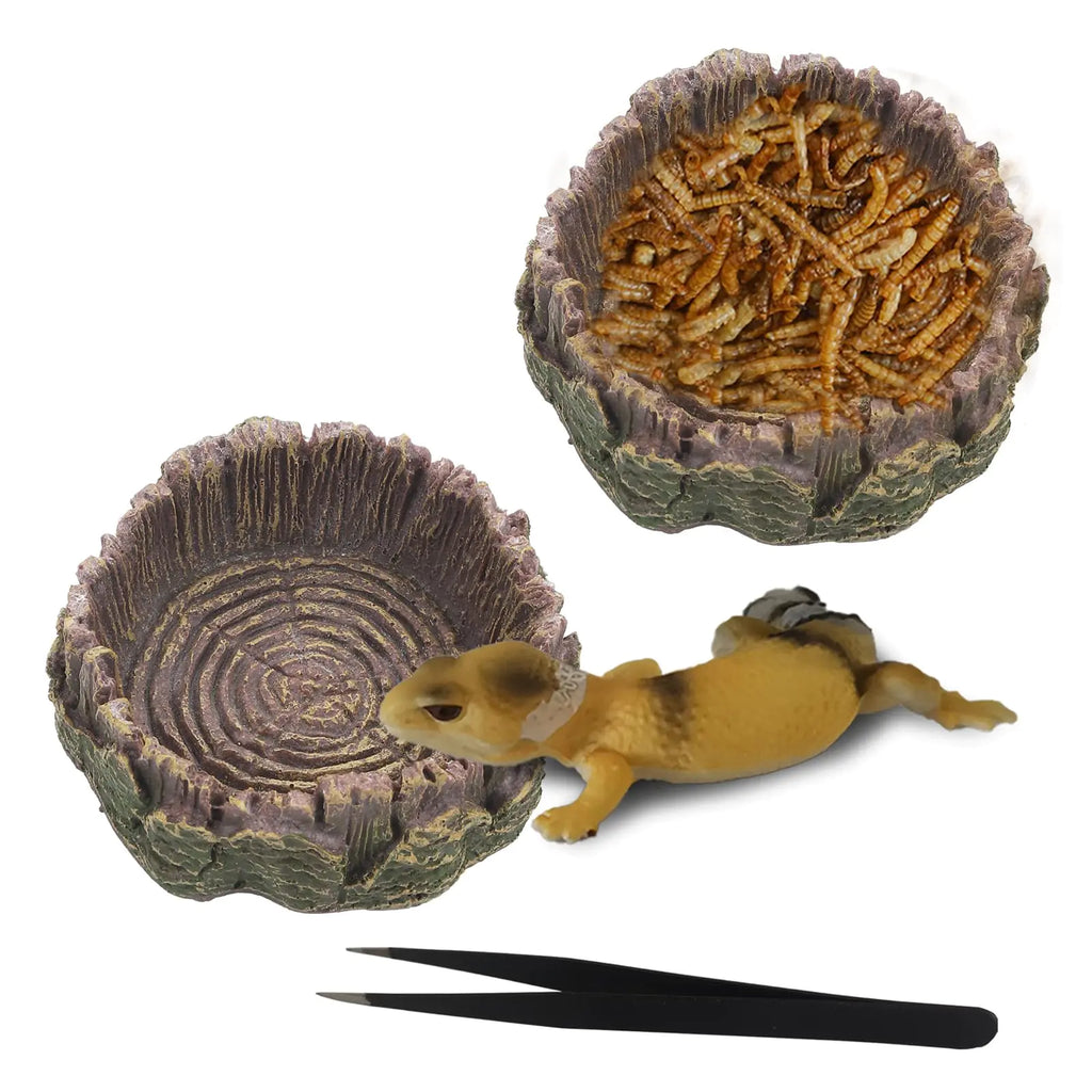 IBWell 2pcs Reptile Water Bowl with Feeding Tweezers Reptile Food Dish for Lizard Snake Tortoise Reptile Feeding Dish for Small Animals - Gray Tree Stump