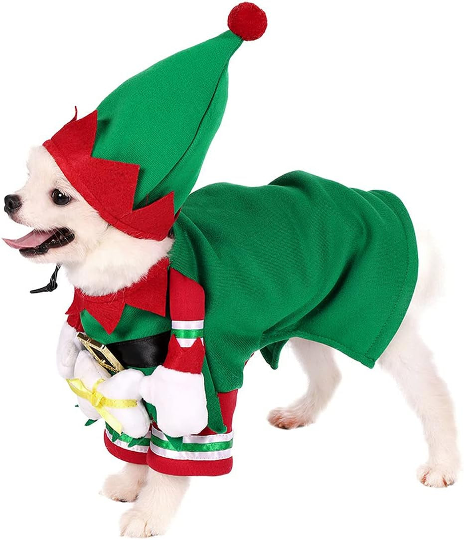 Christmas Elf Costume for Dogs and Cats with Hat - Festive Winter Fleece Apparel (Size M)