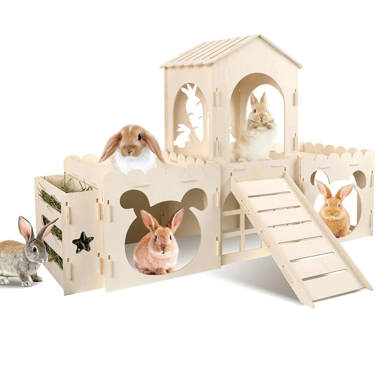 Large Rabbit Hideout Bunny Castle Wooden Bunny House & Rabbit Hay Feeder Detachable Rabbit Hideaway Indoor Rabbit Castle with Ramp Small Animal Houses & Habitats