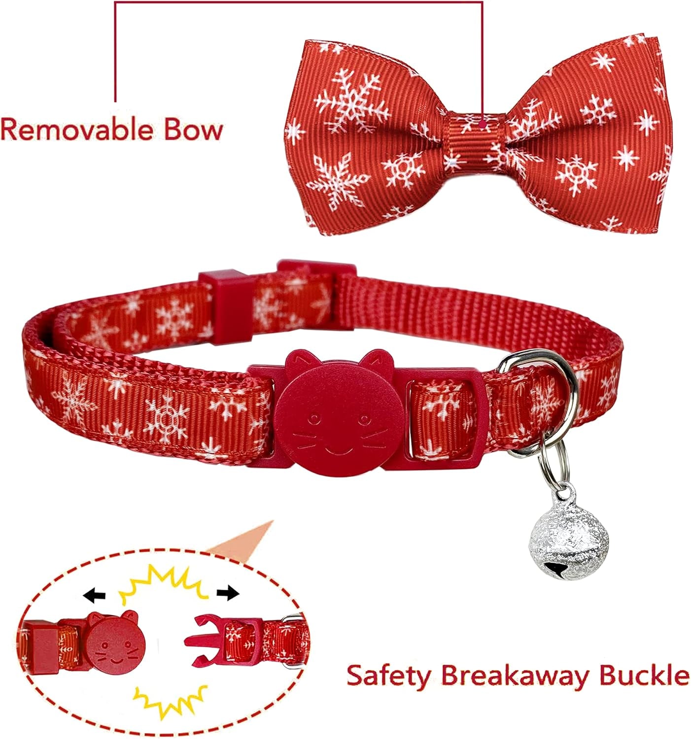 Christmas Holiday Cat Collar Set with Bow Tie and Bell, Winter Breakaway Design for Kittens - 2 Pack