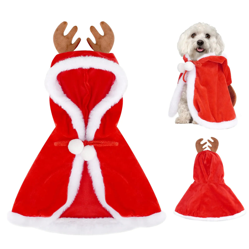 Dog Christmas Cape Velvet Pet Santa Costume with Elk Antlers Hat Santa Claus Reindeer Outfit Puppy Xmas Hoodie Cloak Dog Clothes for Small Dogs Cat Doggie Cloak