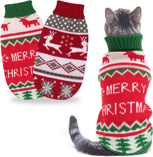 2-Pack Christmas Sweaters for Cats and Small Dogs - Winter Knitwear with Reindeer and Snowflake Design