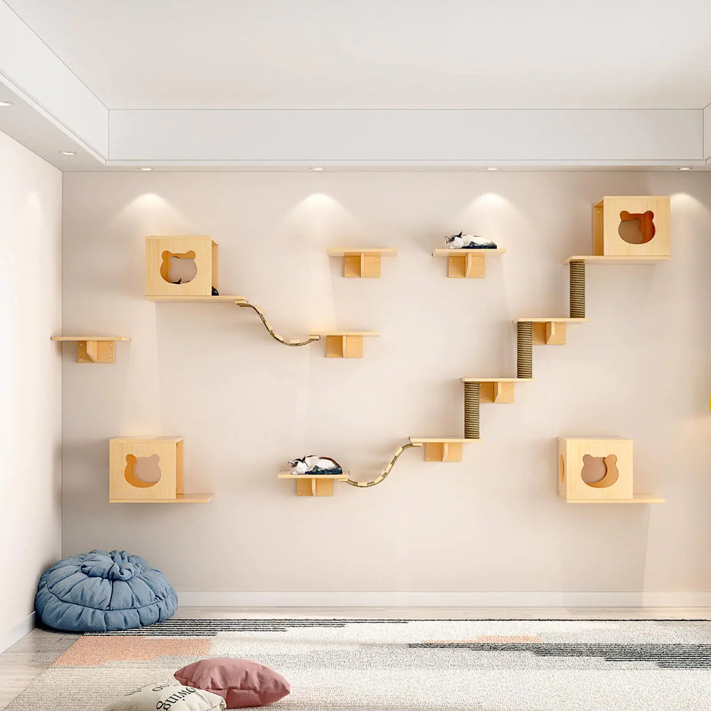 Cat Wall Shelves Cat Wall Furniture Cat Shelves and Perches for Wall Cat Wall Steps Set with 2 Cat Condos House 6 Cat Wall Shelves 2Ladder 1 Sisal Cat Scratching Post (C)