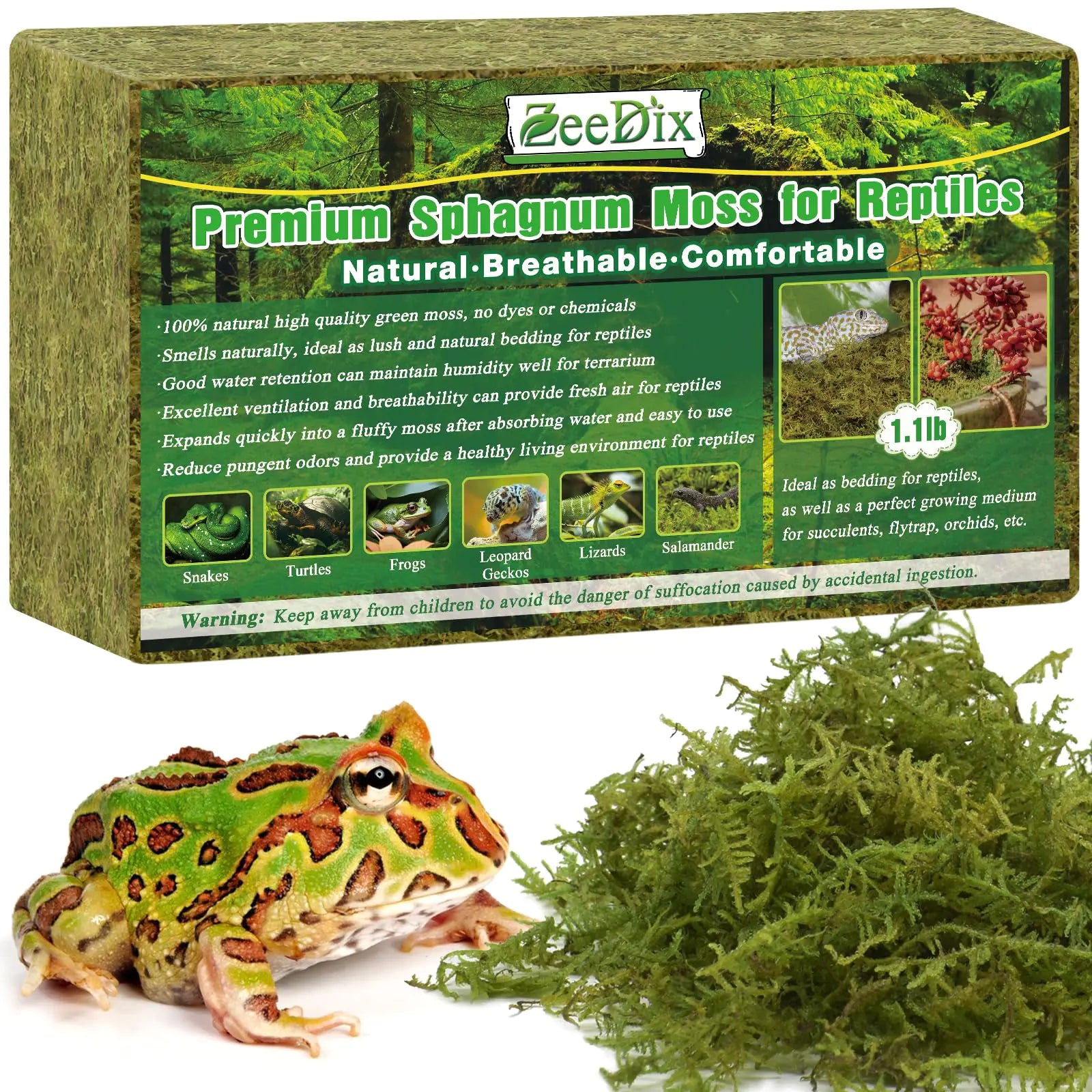 ZeeDix 1.1LBS Premium Sphagnum Moss for Reptile 25QT Green Natural Live Moss Reptile Moss Bedding for Terrarium Plants Long Fiber Reptile Moss for Leopards Geckos Snakes Turtles Frogs